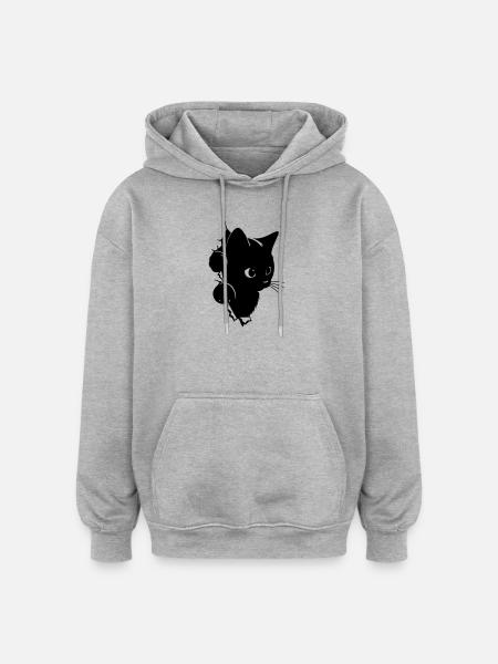 Curious Black Kitten Spying | T-Shirt Kawaii - Oversized Unisex Hoodie - heather grey