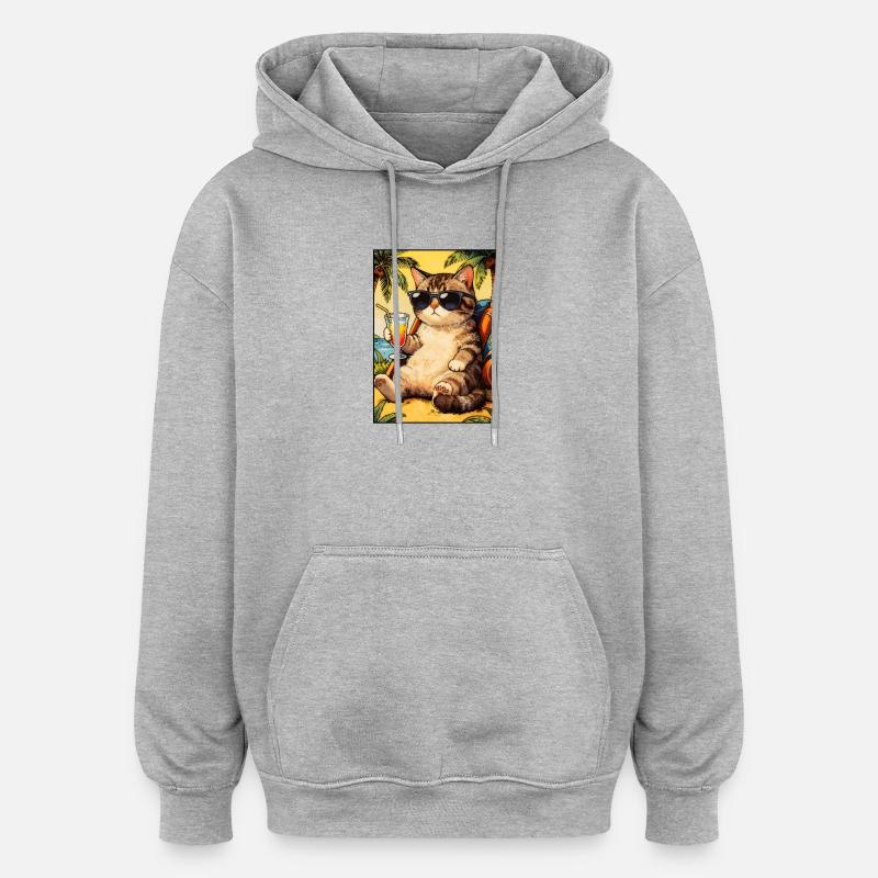 Chat cool en vacances d’été - Sweat à capuche oversize unisexe - gris chiné