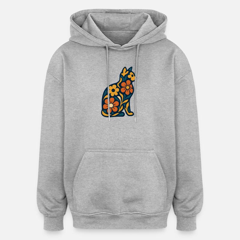 Chat fleur bleu nuit - Sweat à capuche oversize unisexe - gris chiné