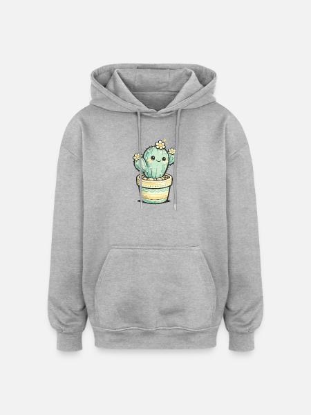 Cactus Blossom Kawaii in Pot - Oversized Unisex Hoodie - heather grey