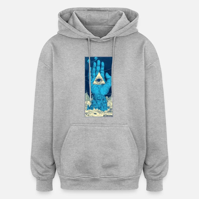 Allseende hånd over byen - Oversized unisex-hettegenser - gråmelert