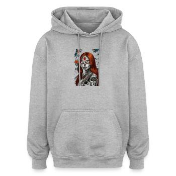 Vom Tag der Toten inspiriertes Zuckerschädel-Porträt - Oversized Unisex Hoodie - Grau meliert - Vorne - Noah (186cm)