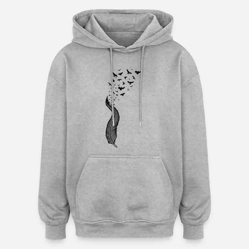 Feder und Vögel, feather with birds - Oversized Unisex Hoodie - Grau meliert
