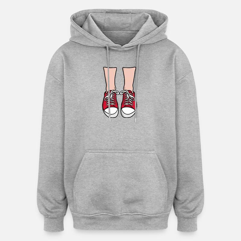 Illustration de pieds de baskets rouges - Sweat à capuche oversize unisexe - gris chiné