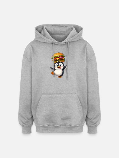 Funny penguin with burger balancing cartoon - Oversized Unisex Hoodie - heather grey