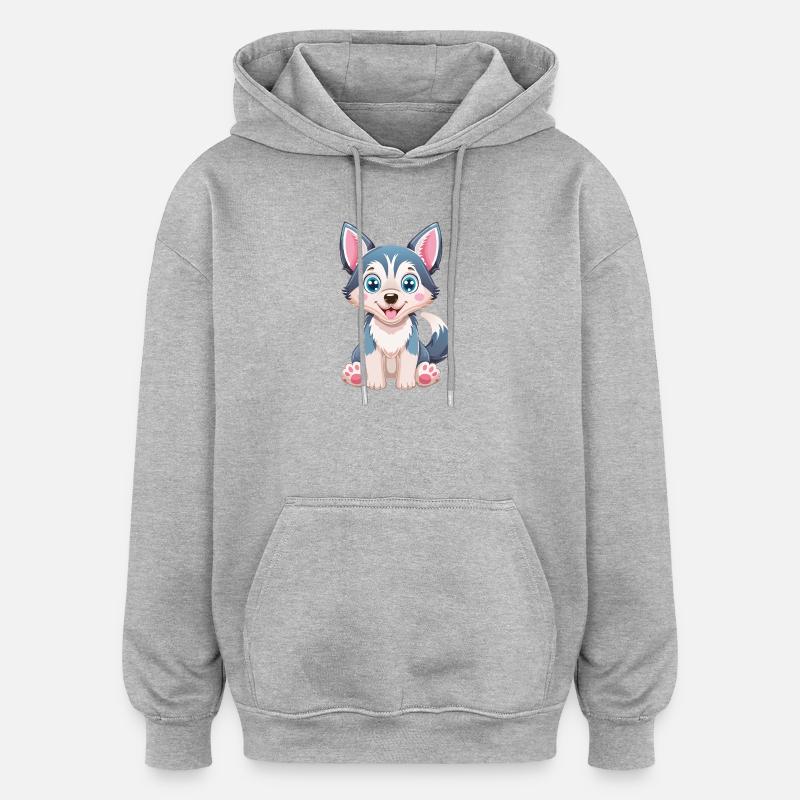 Dessin animé de chiot husky mignon - Sweat à capuche oversize unisexe - gris chiné
