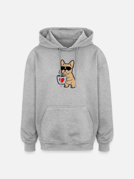 Frenchie Hund Kaffee Comic - Oversized Unisex Hoodie - Grau meliert