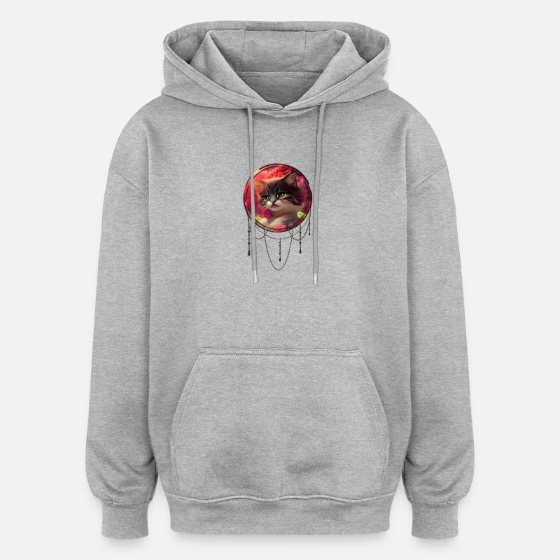 Chaton mignon avec des oiseaux - Sweat à capuche oversize unisexe - gris chiné