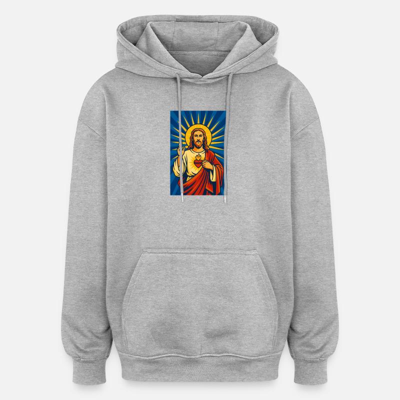 Illustration du Sacré-Cœur de Jésus, chrétien - Sweat à capuche oversize unisexe - gris chiné