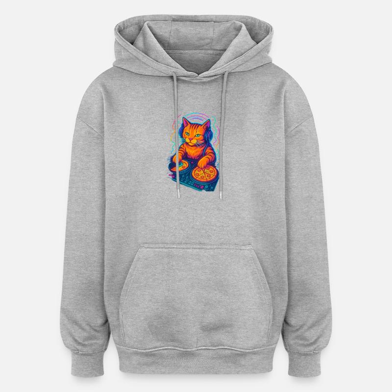 Néon DJ Cat Design - Sweat à capuche oversize unisexe - gris chiné