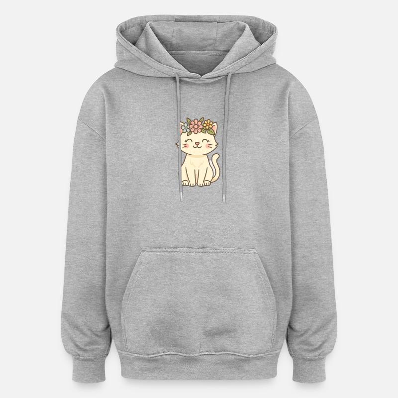 Couronne florale Chat Charm - Sweat à capuche oversize unisexe - gris chiné