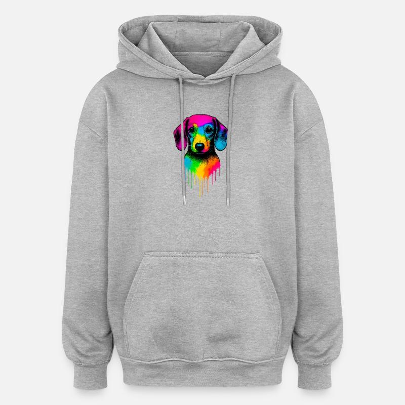 Teckel arc-en-ciel Drop Art - Sweat à capuche oversize unisexe - gris chiné