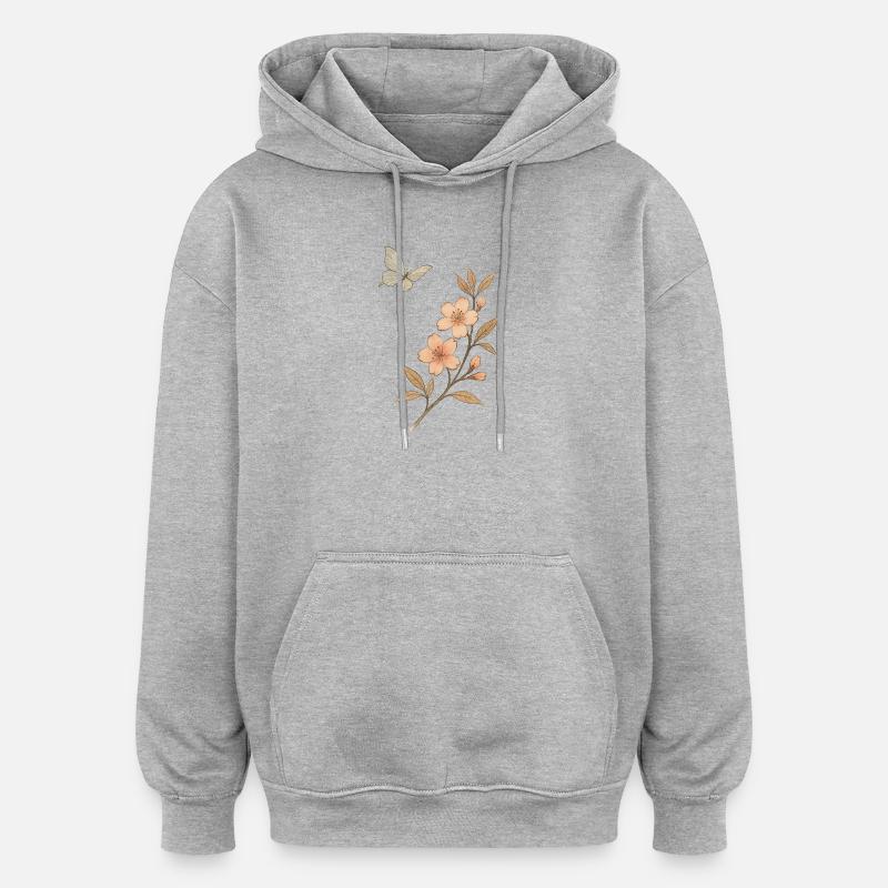 Aquarelle Fleur Branche Papillon - Sweat à capuche oversize unisexe - gris chiné