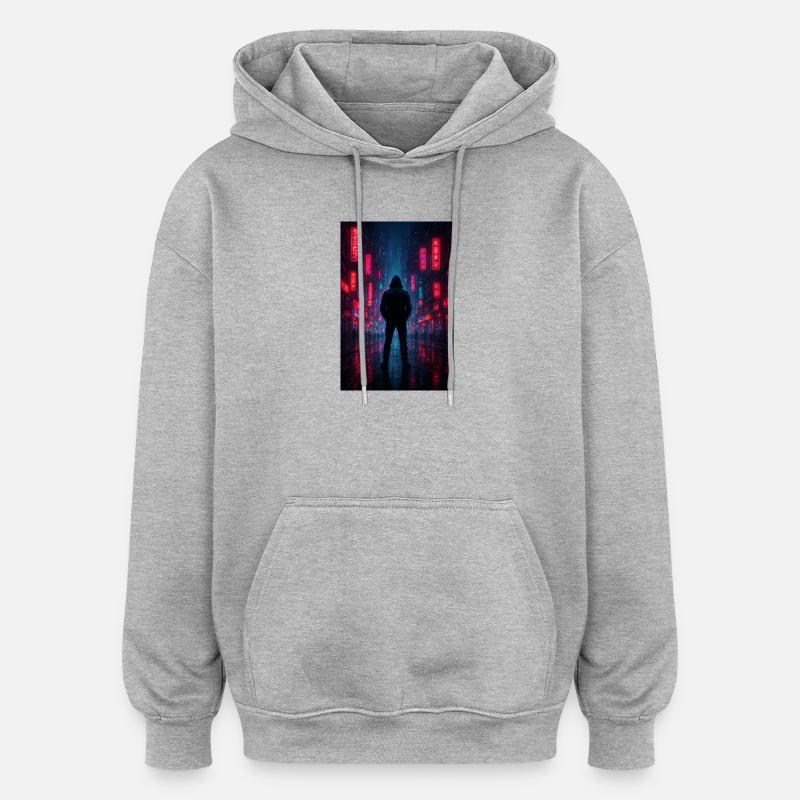 Néon nocturne dans la cyber-cité - Sweat à capuche oversize unisexe - gris chiné
