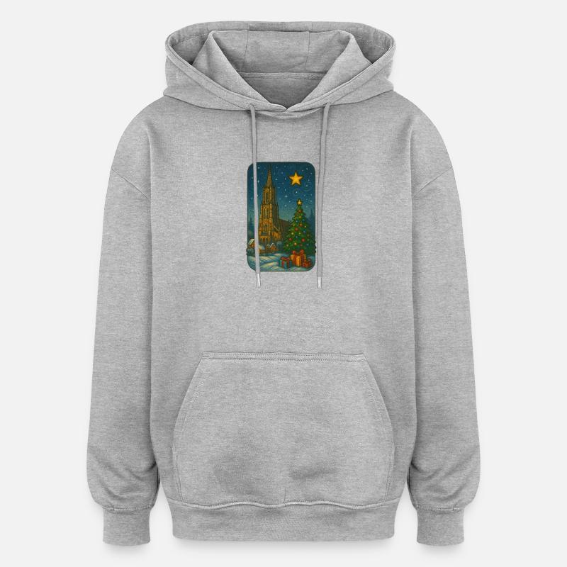 Winterlicher Kirchenplatz mit Weihnachtsbaum - Oversized Unisex Hoodie - Grau meliert