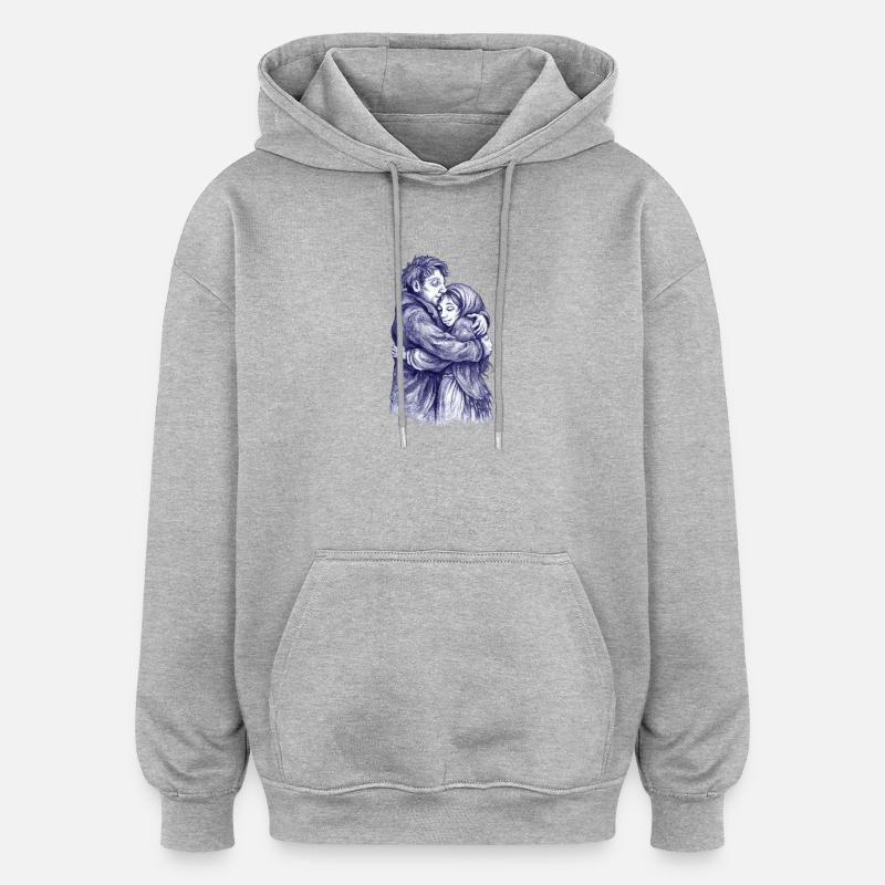 Amants | Blue Hug Couple Sketch - Sweat à capuche oversize unisexe - gris chiné