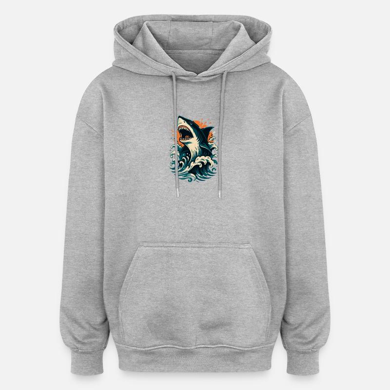 Shark roars through orange waves - Oversized Unisex Hoodie - heather grey