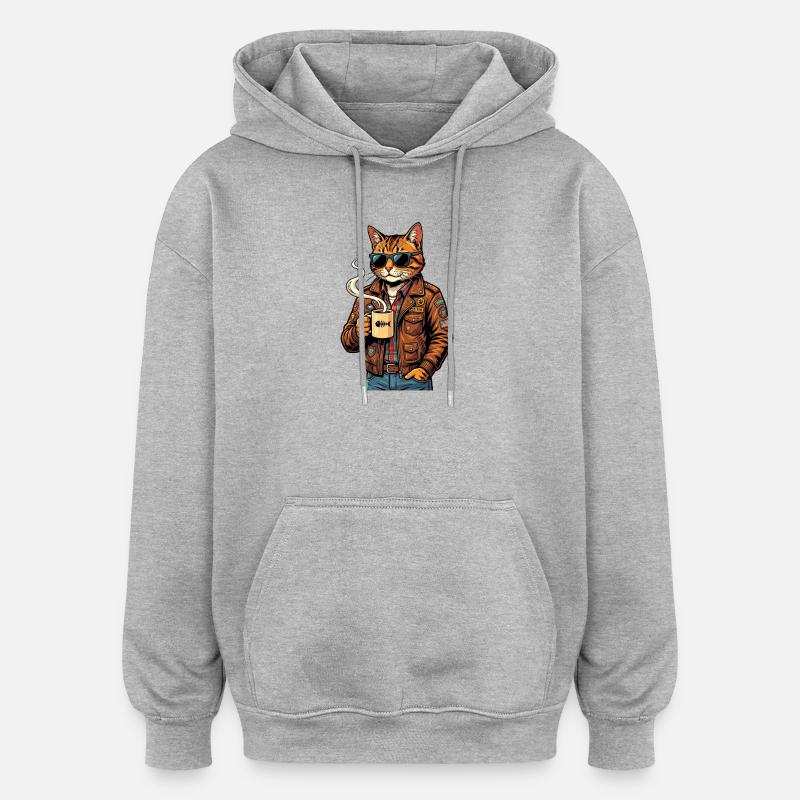 Chat motard avec du café - Sweat à capuche oversize unisexe - gris chiné