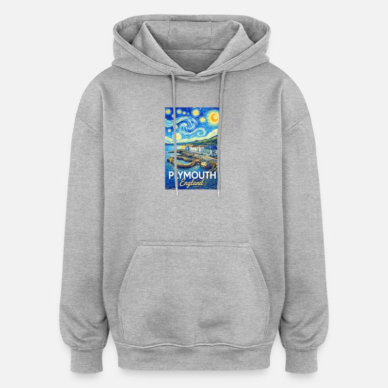 Plymouth, Angleterre, Impression côtière - Sweat à capuche oversize unisexe - gris chiné