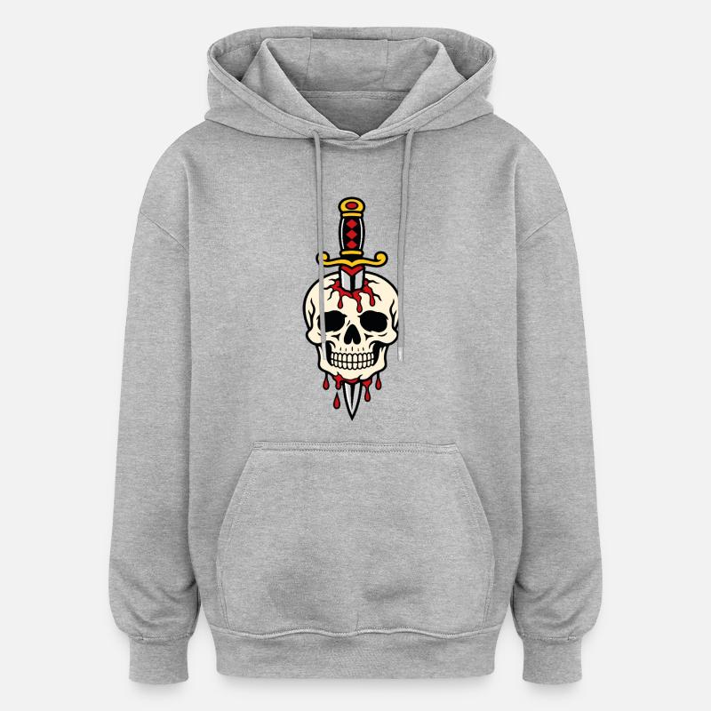 Schädel mit einem Tattoo-Dolch durchbohrt - Oversized Unisex Hoodie - Grau meliert