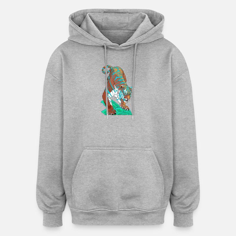 Tigre bleu turquoise sur rocher - Sweat à capuche oversize unisexe - gris chiné