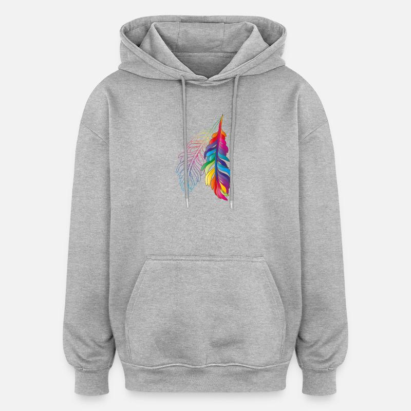 Regenbogenfedern – farbenfrohes Boho-Design - Oversized Unisex Hoodie - Grau meliert