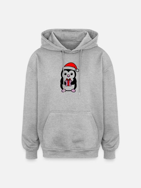Cute Christmas Penguin with Gift - Oversized Unisex Hoodie - heather grey