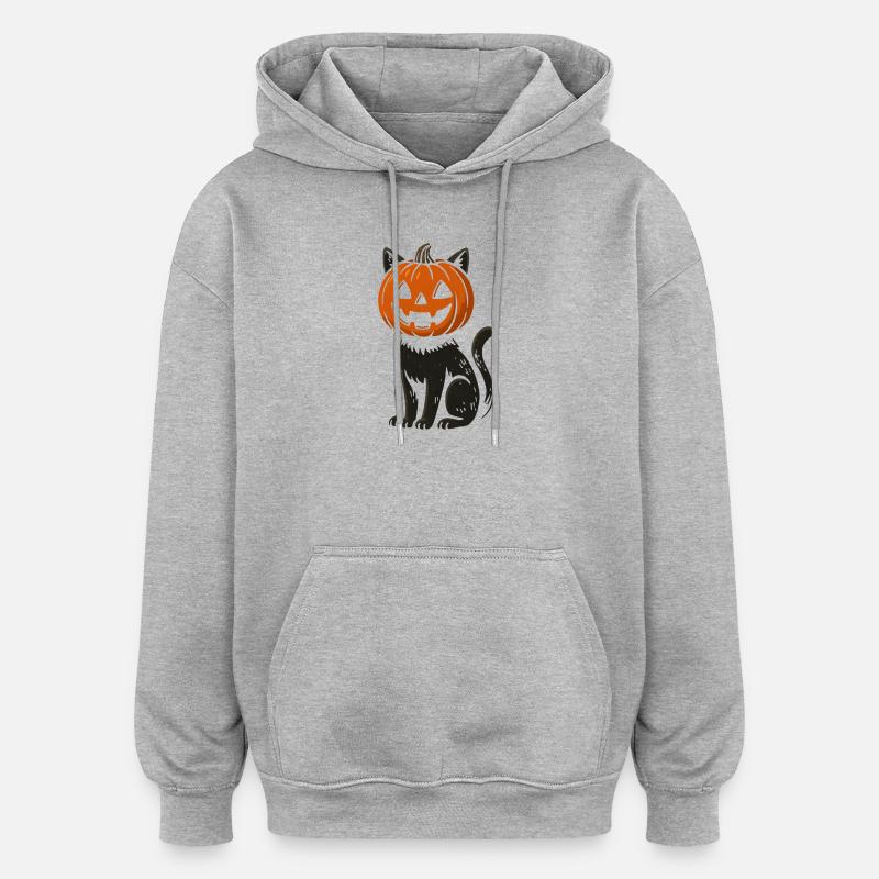 Motif de chat citrouille d'Halloween - Sweat à capuche oversize unisexe - gris chiné