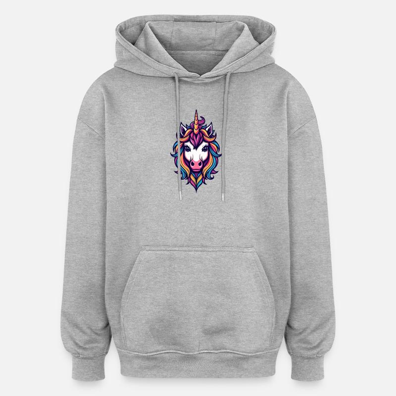 Regenbogen Einhorn Kopf - Oversized Unisex Hoodie - Grau meliert