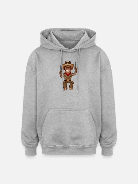 Funny Cowboy Monkey Gunslinger Cartoon Design - Oversized Unisex Hoodie - heather grey