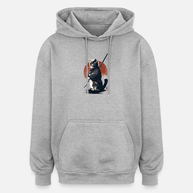 Kawaii Neko Samurai : chat samouraï - Sweat à capuche oversize unisexe - gris chiné