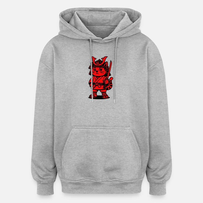 Chat samouraï - Sweat à capuche oversize unisexe - gris chiné