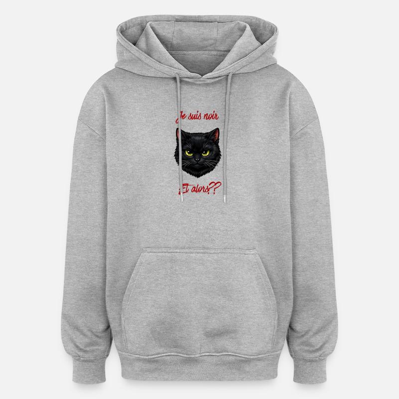 Chat noir et texte rouge audacieux - Sweat à capuche oversize unisexe - gris chiné