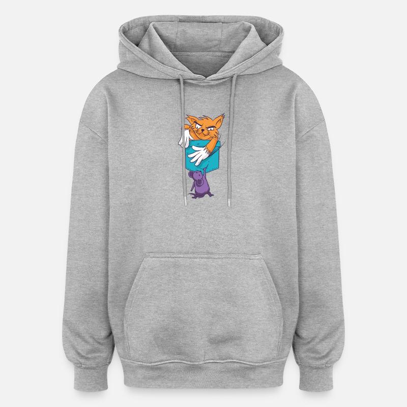 Playful Cat with Mouse Pattern - Oversized Unisex Hoodie - heather grey