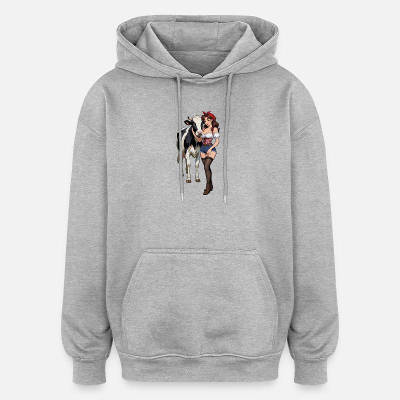 Fermière pin-up avec vache - Sweat à capuche oversize unisexe - gris chiné