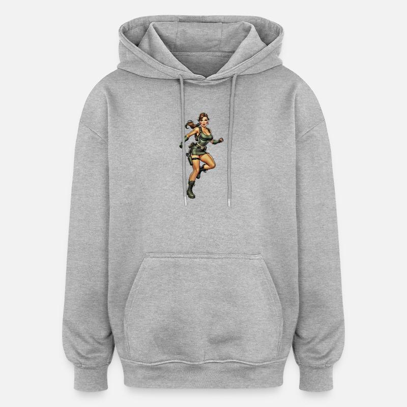 Aventurier vert en tenue de combat - Sweat à capuche oversize unisexe - gris chiné