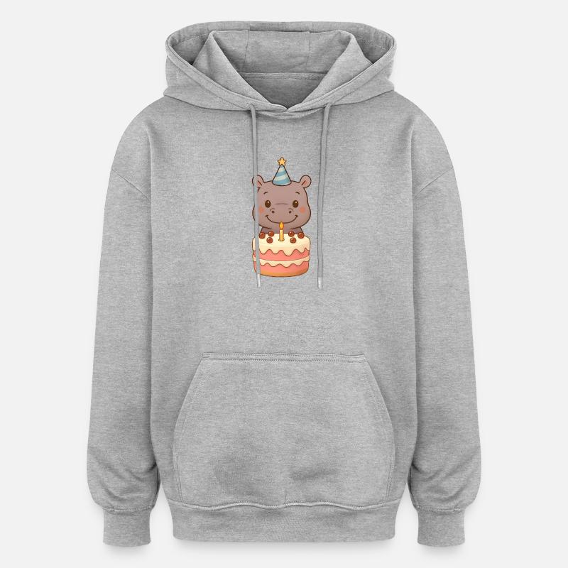 Petit hippopotame avec gâteau d’anniversaire - Sweat à capuche oversize unisexe - gris chiné