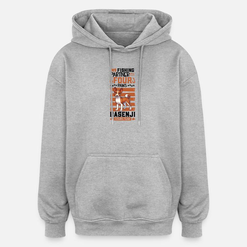 Pêche et Basenji - Sweat à capuche oversize unisexe - gris chiné