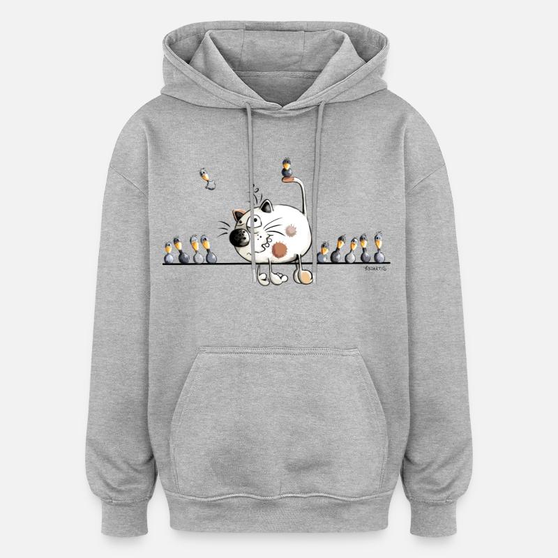 Chat avec oiseaux - Sweat à capuche oversize unisexe - gris chiné