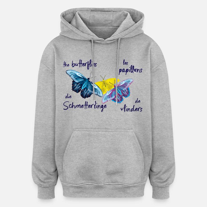 Bunte Schmetterlinge, 4 Sprachen - Oversized Unisex Hoodie - Grau meliert