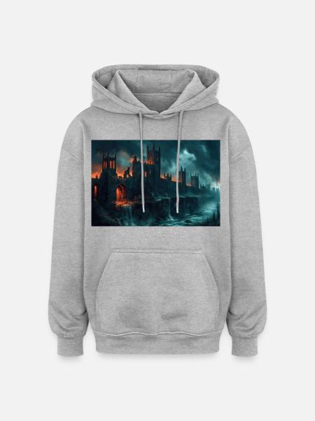 Poster Illustration Medieval Landscape in Ruins - Oversized Unisex Hoodie - heather grey