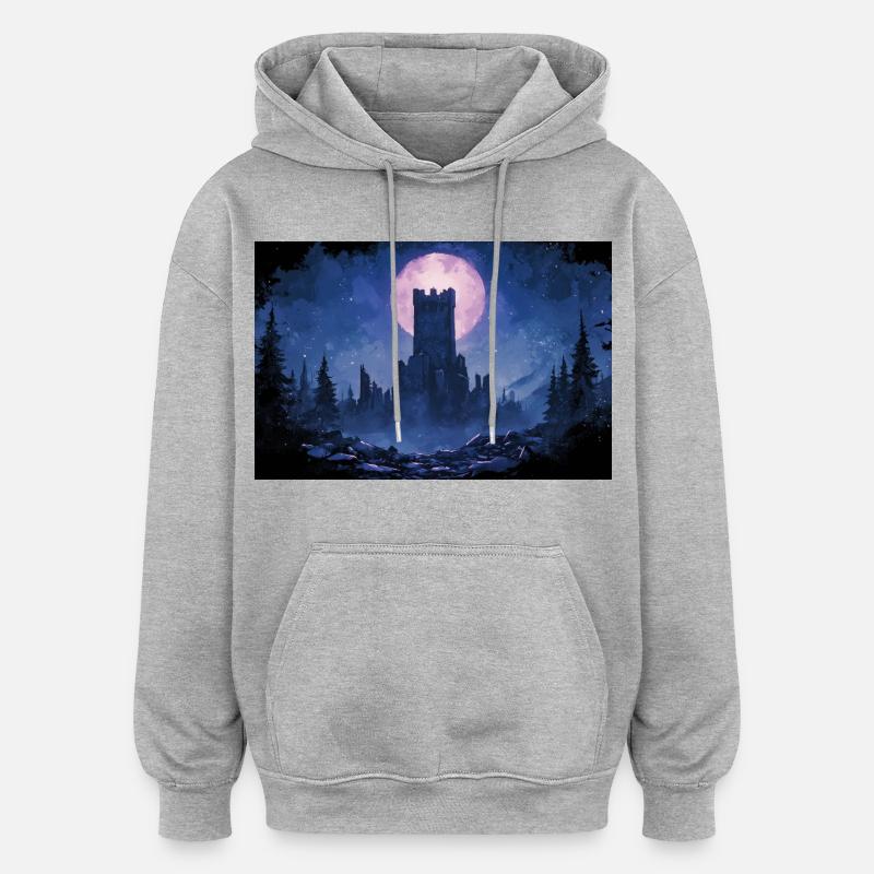 Poster Illustration Paysage médiéval en ruine - Sweat à capuche oversize unisexe - gris chiné