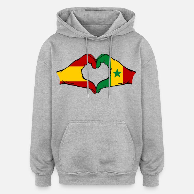 Espagne Sengal drapeau mains coeur - Sweat à capuche oversize unisexe - gris chiné