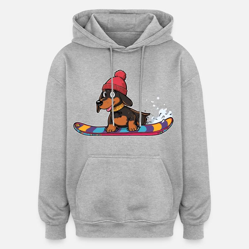 Snowboard teckel en hiver - Sweat à capuche oversize unisexe - gris chiné