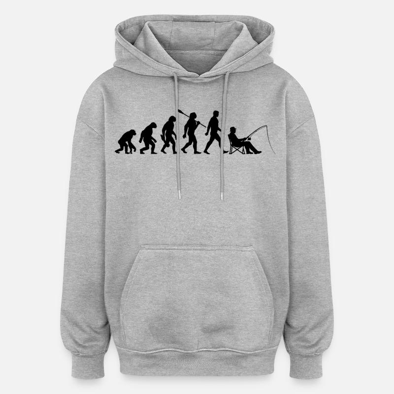 Evolution - Pêche, Cadeau de pêcheur - Sweat à capuche oversize unisexe - gris chiné