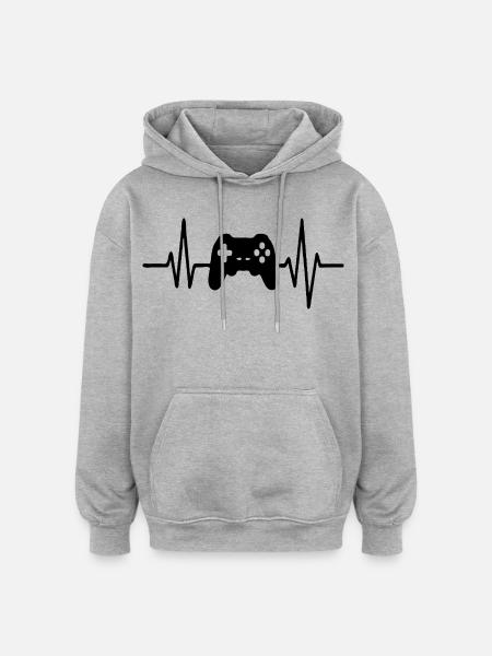Heartbeat Gamer, Gamecontroller Strichzeichnung Design - Oversized Unisex Hoodie - Grau meliert