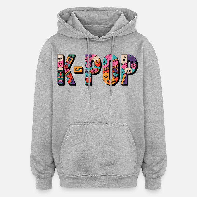 K-POP : Doodle Pop - Sweat à capuche oversize unisexe - gris chiné