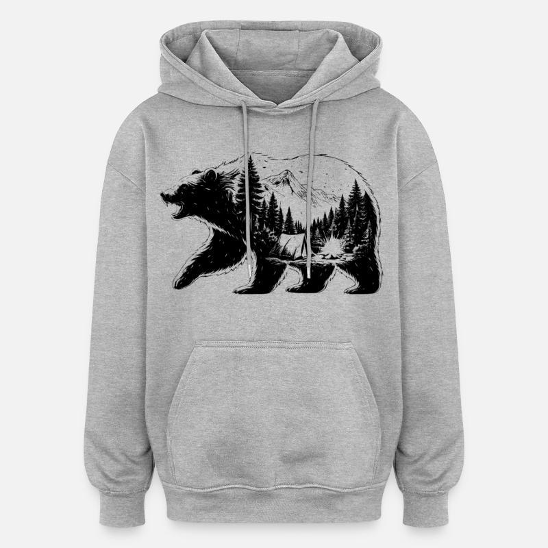 Ours camping paysage  - Sweat à capuche oversize unisexe - gris chiné