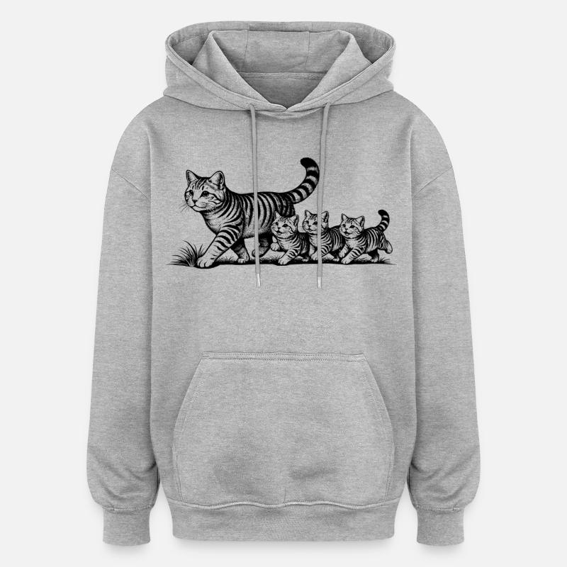 Mère chatte avec 3 chatons noirs - Sweat à capuche oversize unisexe - gris chiné