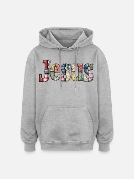 Patchwork Jesus Lettering - Oversized Unisex Hoodie - heather grey